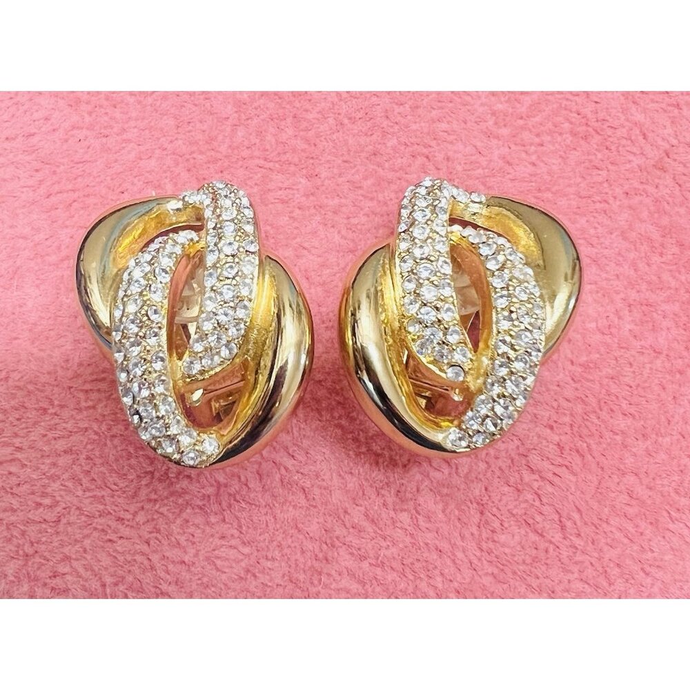 Vtg Christian Dior Earrings Signed Rhinestone Gold tone Runway Statement Clip On